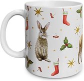 Kerstmok hert keramiek - Hert konijn uil kerstdecoraties - Kerstbeker - 300 ml - Handgeschilderd design door Mies
