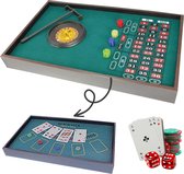Cheqo® Table de jeu de casino 2 en 1 - Table de poker - Roulette et Blackjack - Tapis de jeu double face - Comprend cartes, Dés, Jetons de poker, roue de roulette et râteau - Matériau en feuille MDF - 52 x 32 x 6,5 cm - Tapis de jeu - Jeu de plateau