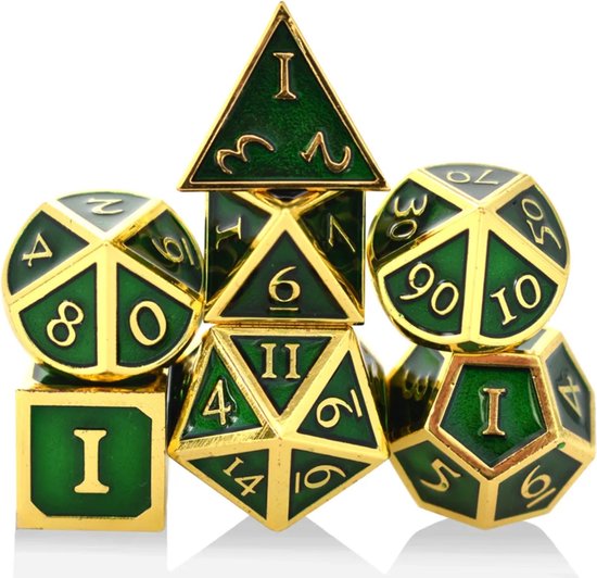 Hilvard - Metalen Dobbelstenen Set - Groen & Goud - D&D Dice Set - DnD Polydice Set - 7 Stuks - Inclusief metalen case en velvet opbergzak - Geschikt voor Dungeons and Dragons - Geschikt voor Magic the Gathering