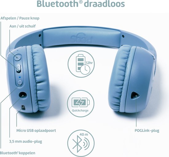 POGS The Gecko – Draadloze on ear kinder koptelefoon – Bluetooth koptelefoon – Koptelefoon kinderen – Microfoon – Volumebegrenzing – Duurzaam – Blauw - POGS kids only Headphones