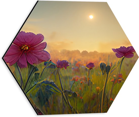 Dibond Hexagon - Roze Bloemen in het Veld bij Wazige Zon - 30x26.1 cm Foto op Hexagon (Met Ophangsysteem)