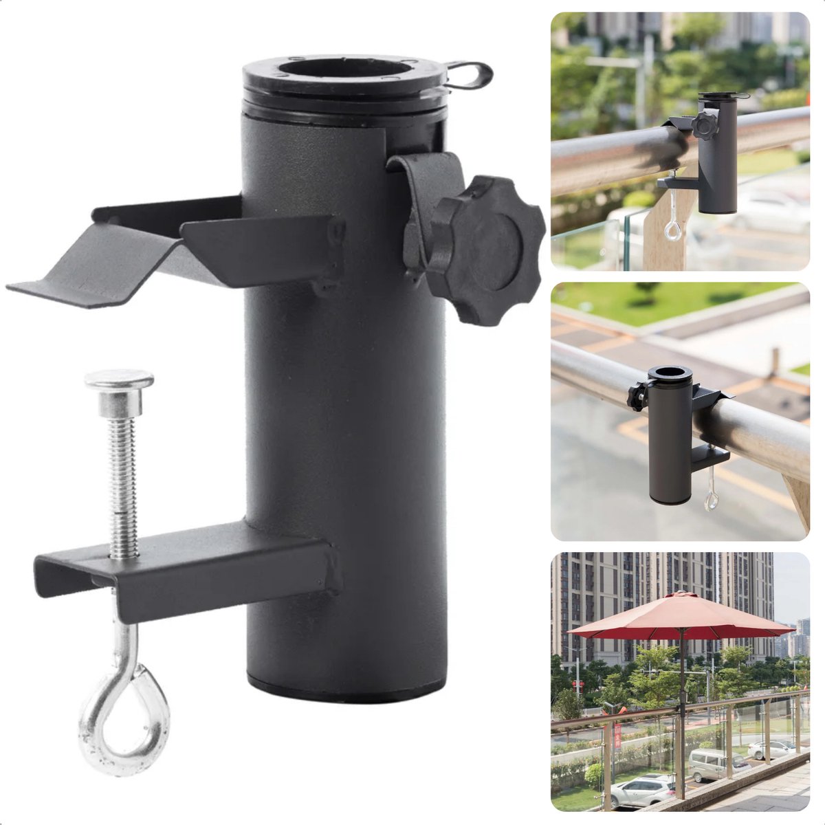 Praktische Parasolhouder - Parasolklem - Houder voor Parasol - Railing - Speciaal Ontworpen voor Balkon - Geen Parasolvoet Nodig - 2 Opvulringen voor Stokdiameter 38mm - Max. Spijldikte 60-70mm - Metaal - Inclusief EBOOK