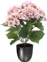 Hortensia kunstplant/kunstbloemen 40 cm - roze - in pot metallic grijs - Kunst kamerplant
