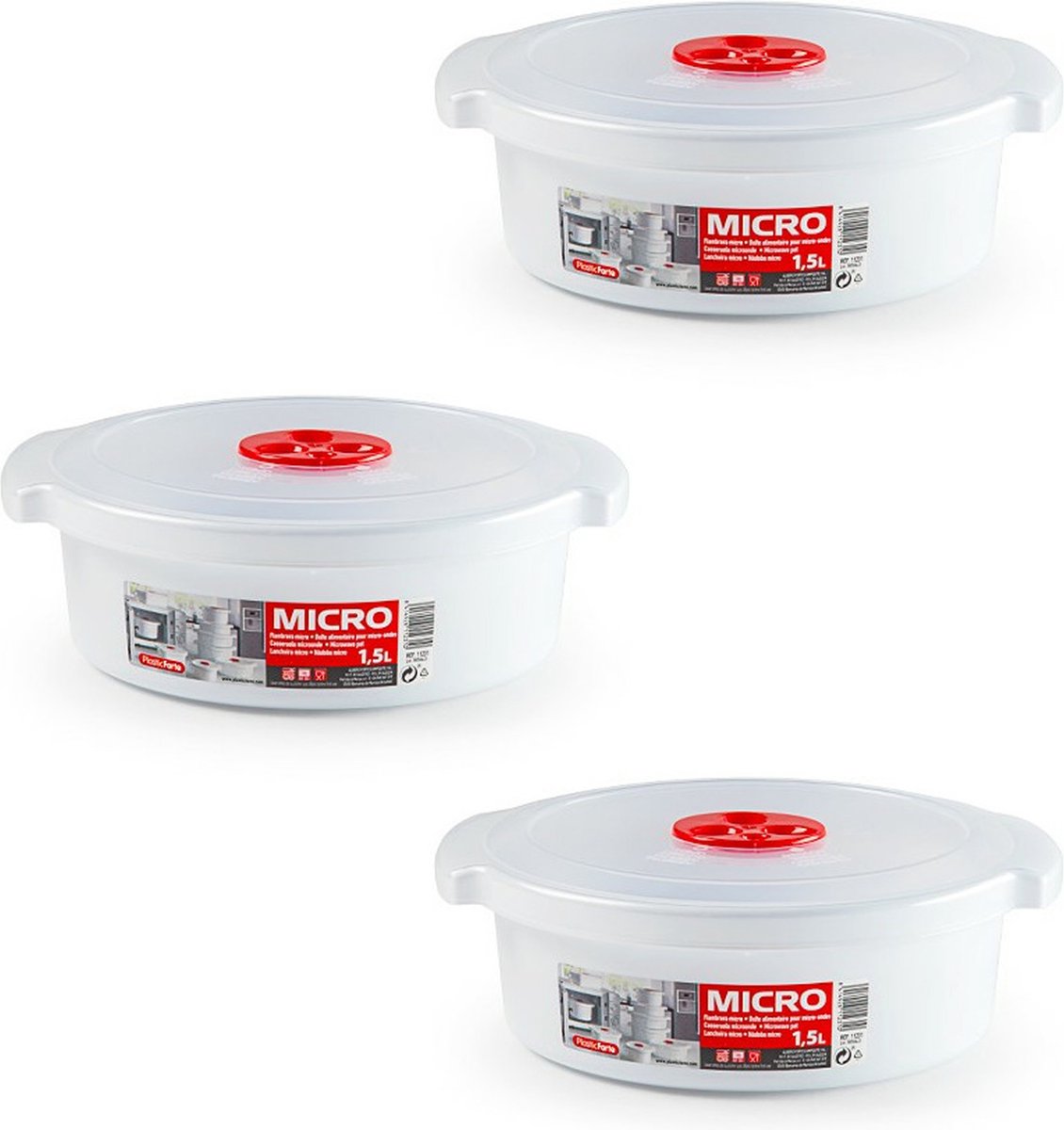 PlasticForte Magnetronschaal met deksel/ventiel - 3x - 1,5L - wit - kunststof