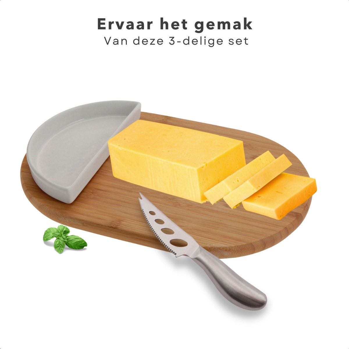 Kaasplank Set - Kaasplankje - Serveerplank - Ovaal Bamboe - 30x19,5cm - Bakje & Mes - Porselein & Roestvrijstaal — cadeau in Kookcadeaus - foto 3