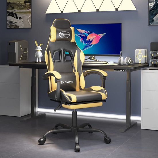 The Living Store Chaise de jeu rotative avec repose-pieds cuir artificiel noir & or - Chaise de bureau