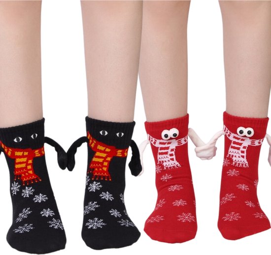 2 paires de Chaussettes avec mains - Chaussettes de Noël rouge & noir - Chaussettes avec Mains, Yeux, Mains, Foulards et Flocons de Noël Magnétiques
