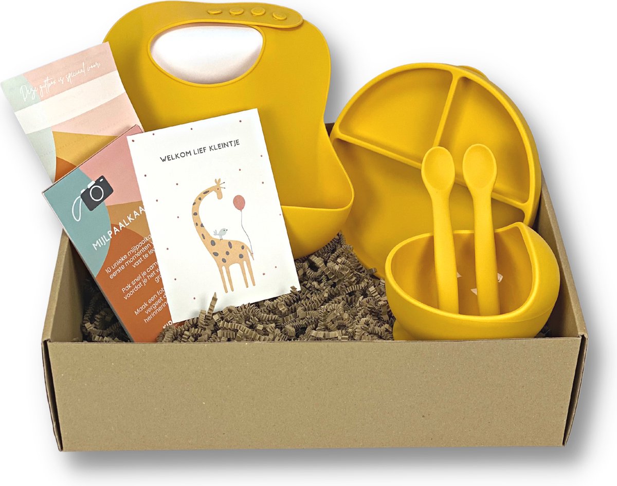 Goedkoopste Kids Cultures - Giftbox M - Baby Geschenkset, Kraampakket, Babyshower, Kraammand - Kraamcadeau Jongen & Meisje - Siliconen Kinderservies, Slab, Lepels en Wenskaarten - Geel