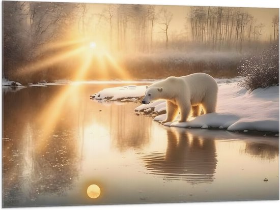 Vlag - IJsbeer bij Beekje in Sneeuw Landschap met Zonsondergang - 100x75 cm Foto op Polyester Vlag