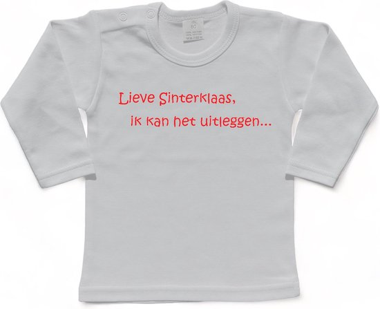 Sinterklaas | T-shirt Lange Mouw | Lieve Sinterklaas, ik kan het uitleggen... | Grappig | Cadeau | Kado | Wit/rood | Maat 80
