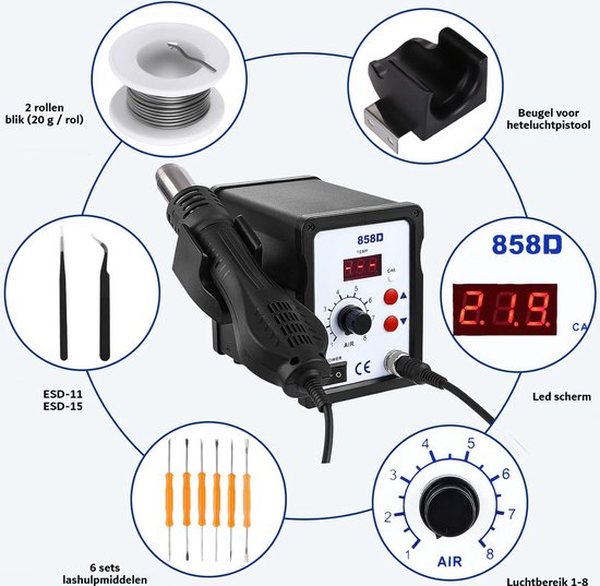 YIHUA 858D Heißluft Lötstation Entlötstation 700W für SMD Löten und Entlöten mit einstellbarer Temperatur und Luftvolumen, PID Temperaturkontrolle, Auto Start/Stop Funktion, Heißluftdüsen (EU PLUG