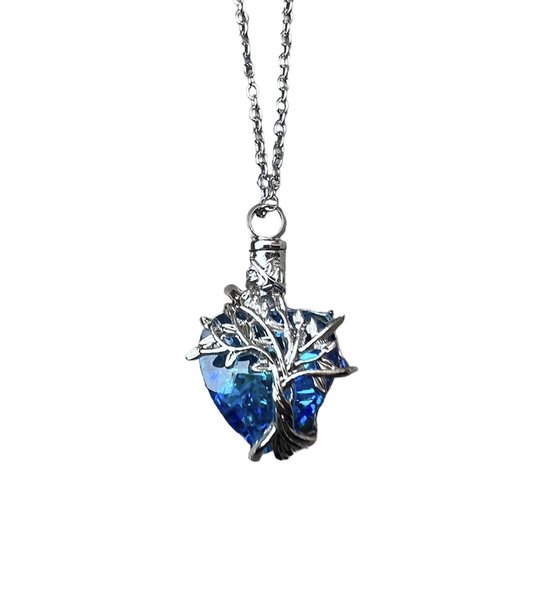 Bijoux by Ive - Ashanger - Assieraad met ketting - Collier - Blauw stenen hart met een zilverkleurige levensboom