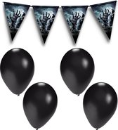 Halloween/horror thema vlaggenlijn - kerkhof hand - 400 cm - incl. 10x ballonnen zwart