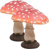 Deco huis/tuin beeldje paddenstoel - 2x - vliegenzwam - rood/wit - 17 x 21 cm - Herfst decoratie