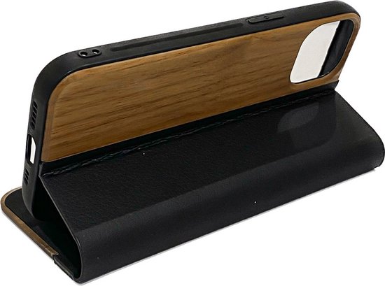 Étui à rabat design en bois, iPhone 13 pro max – Noyer avec cuir noir
