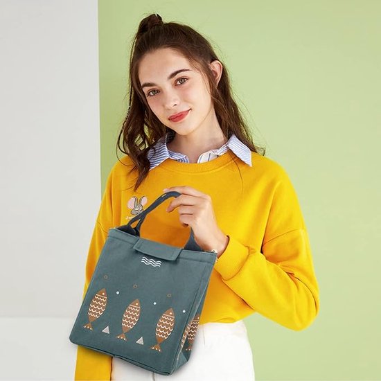Lunchbag met isolatie - Groene lunchbag met vissen - Koeltas van Oxford stof voor lunch en broodtrommel. van Bacilona — afbeelding 4