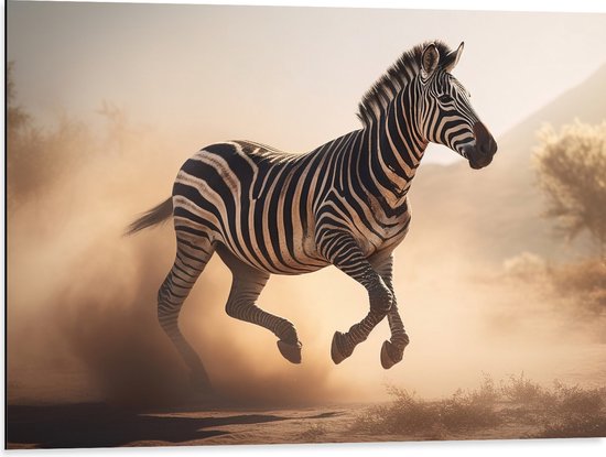Dibond - Rennende Zebra over het Landschap van Afrika - 80x60 cm Foto op Aluminium (Met Ophangsysteem)