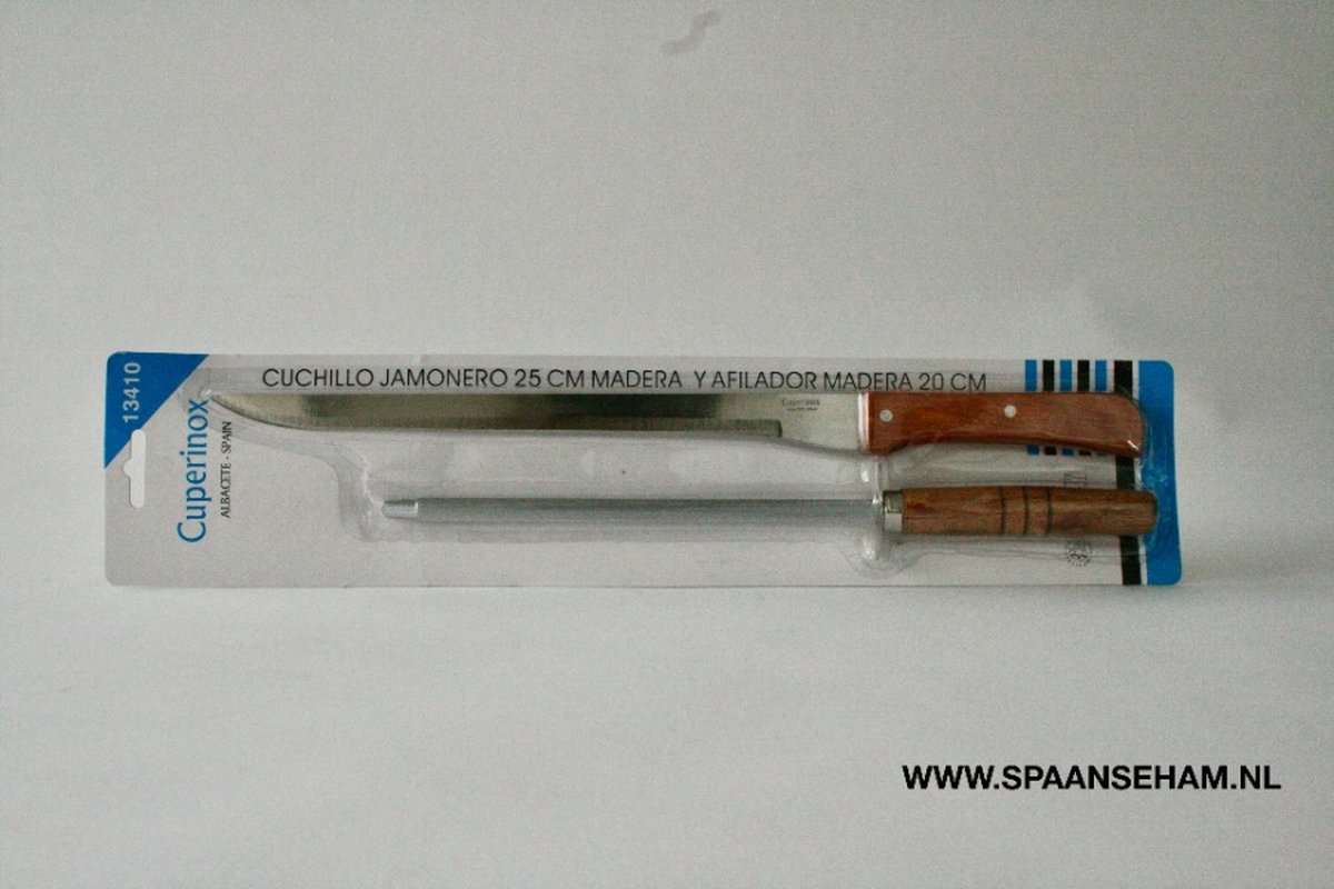 Origineel Spaans hamsnijmes (extra lang) met houten handvat + aanzetstaal