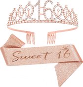 Sweet Sixteen set met diadeem en sjerp deLuxe rosé goud glitter - 16 - sweet sixteen - verjaardag - diadeem - sjerp - rosé goud