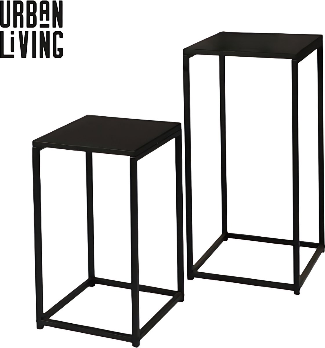 Urban Living MADISON - Set van 2 plantentafels van zwart metaal - 30 x 30 x 54 cm & 34 x 34 x 74 cm