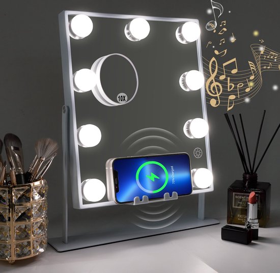 FENCHILIN Miroir de courtoisie Bluetooth Hollywood avec lumières Charge sans fil Tabletop Métal Wit 25 * 30cm