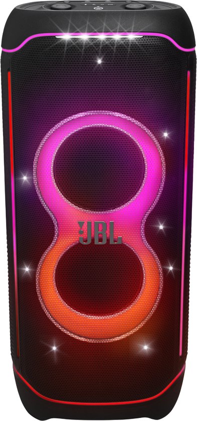 Zwarte JBL PartyBox Ultimate met rode en paarse gloed en een cirkelvormig lichtpatroon.