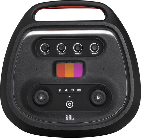 Bovenkant van de JBL PartyBox Ultimate met bedieningsknoppen, logo en PartyPad.
