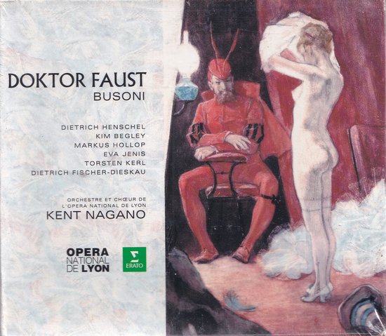 Albumhoes met 'Doktor Faust' van Busoni. Rode figuur met hoorns zit op een stoel, witte figuur staat aan de rechterkant.