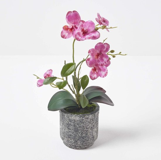 Grote kunst orchidee in pot, hoge kunst orchidee met roze bloemen, decoratieve orchidee Phalaenopsis in grijze beton-bloempot, decoratieve kunstbloemen, 46 cm hoog