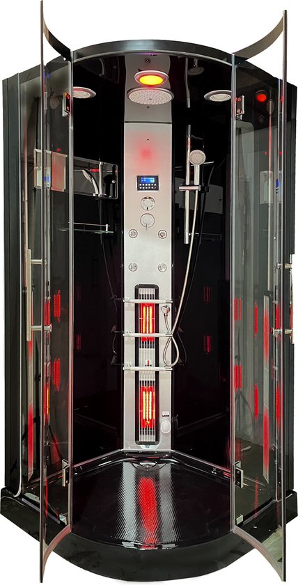 Liv Rustica Infrarood Stoomcabine - 1 Persoons Black - 100x100x215 cm - Sauna met mengkraan regendouche massagejets LED-verlichting en Bluetooth - Sanexo
