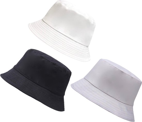 3-Set Bucket Hats ASTRADAVI - Vissershoedje - Zonnehoedje - 100% Katoenen Emmer Hoeden voor Dames & Heren. Zwart, Wit, Grijs (3 Stuks)