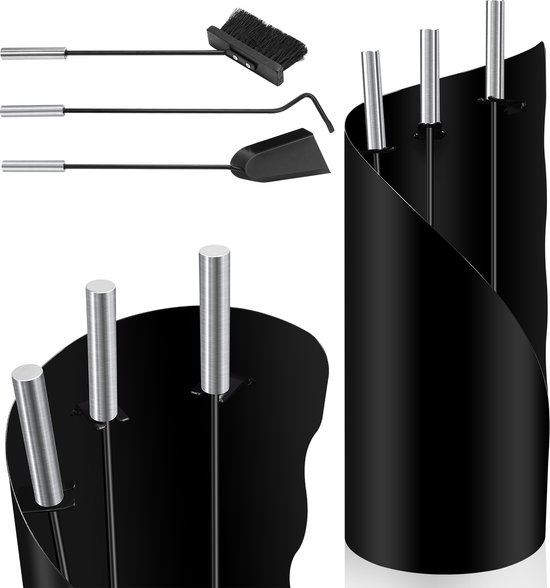 Relaxdays Haardset 5-Delig Zwart - Modern Haardstel Met Pook, Tang, Bezem, Schep & Houder