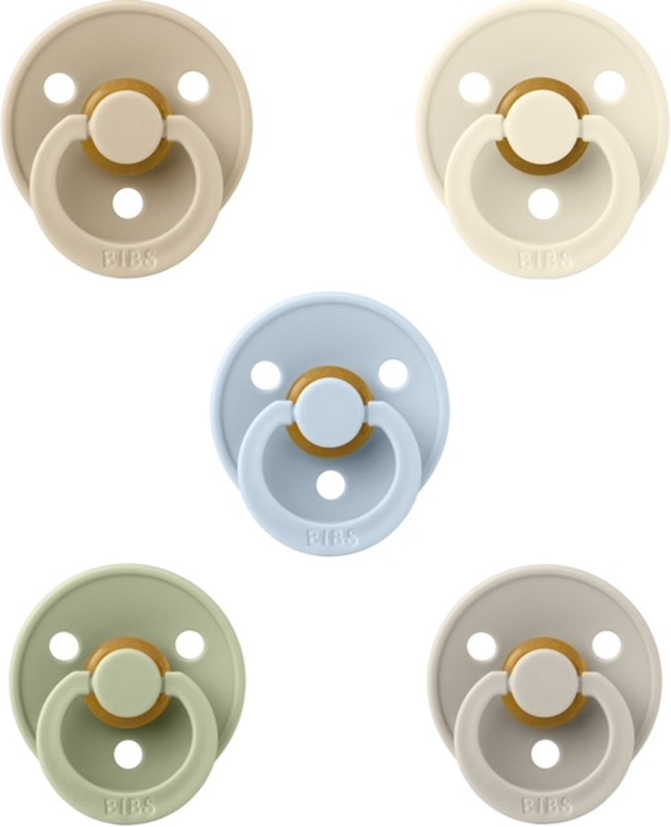 Goedkoopste Bibs fopspenen 6-18 maand set 5 stuks Ivory,Vanilla,Sand,Sage en Dusty Blue maat 2