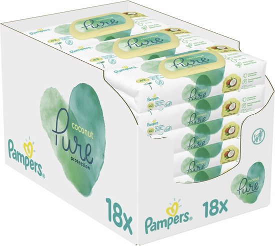 Verpakking Pampers Pure Coconut babydoekjes, 18 stuks van 42 doekjes, met groene hartprint en tekst.