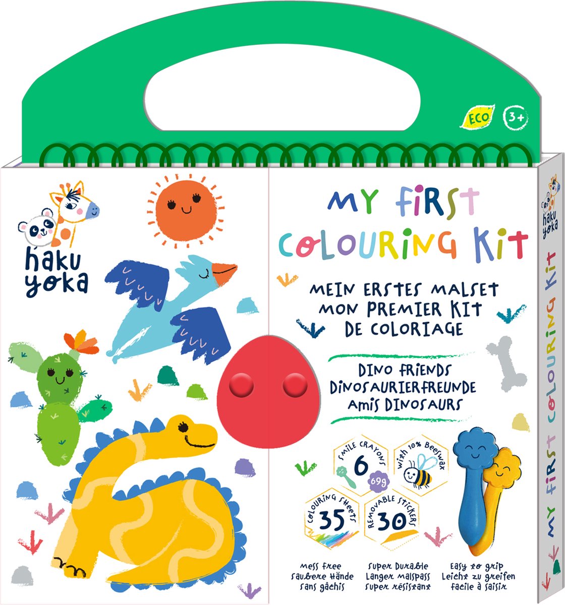 Haku Yoka: MIJN EERSTE KLEURKIT / DINOVRIENDEN 20,5x24x2cm, bevat 6 waskrijtjes met lachend gezichtje, 35 kleurvellen en afneembare stickers, bevat 10% bijenwas, 3+