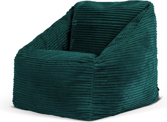 Blauwgroene corduroy kinderzitzak met hoge rugleuning.