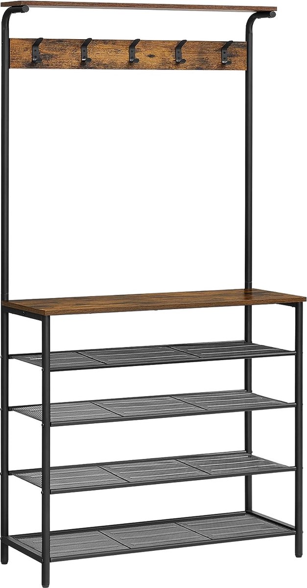 FurnStar - Kapstok met schoenenrek - Garderobe in industriële stijl - Bankje - Haken - Schoenenrek - Robuust metalen frame - 80×32.2×182cm - Bruin