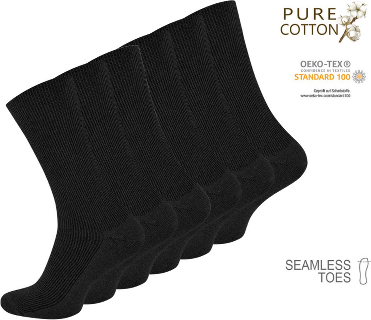 Premium 100% katoenen sokken - Rib - Naadloos - 6 Pack - Zwart - Maat 43-46