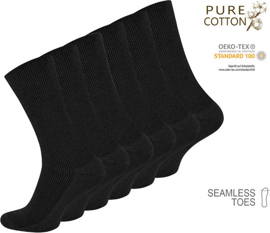 Chaussettes Premium 100% Coton - Côtelées - Sans Couture - Paquet de 6 - Zwart - Taille 43-46