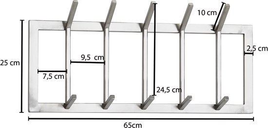 Rootz Wandkapstok - Metaal Zilver - Design Halkapstok Staal - Haakrail Wandpaneel - Garderobewand - 65x30x10 cm