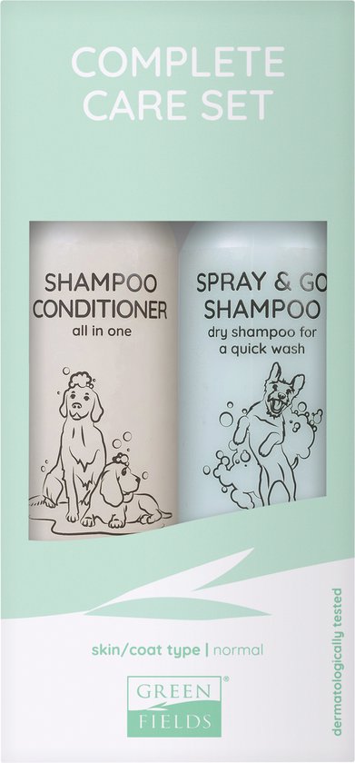 Foto: Greenfields vacht verzorging set voor honden shampoo conditioner en spray go droogshampoo 250ml