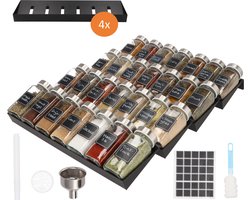 KROMS Kruidenrek Lade met 28 Potjes (RVS deksel) - Compleet Pakket incl. Kruidenpotjes Stickers, Krijtstift en Accessoires – Kruidenpotjes Vierkant - Kruidenstrooier - Kruiden Organizer - Keukenlade Organiser