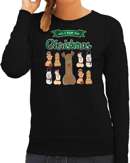 Bellatio Decorations foute kersttrui/sweater dames - All I want for Christmas - zwart - piemel/penis XL