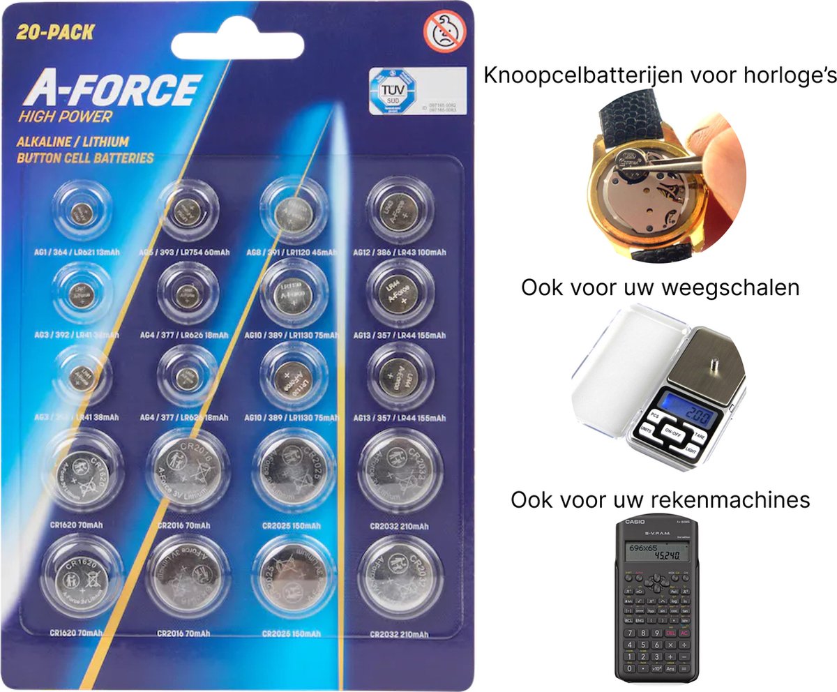 A-Force lithium High Power knoopcel batterijen - Voor horloges, radio's, zaklampen, afstandsbedieningen enz. - 20 Stuks