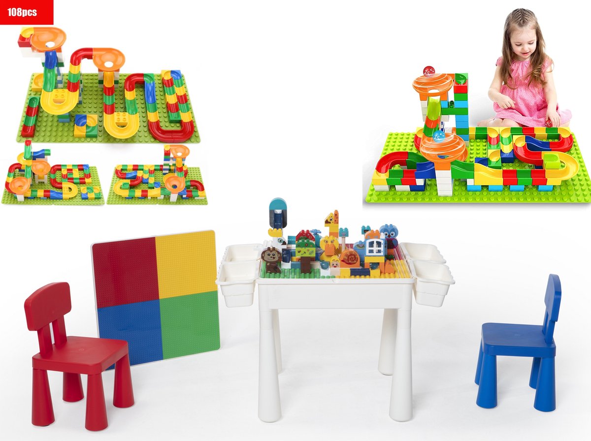 *Profi Promo Bouwtafelset inc. 108 bouwblokken voor LEGO & DUPLO - Multifunctioneel Kinderbouwtafel met 2 stoelen + 4 Opbergbakken - Constructietafel, Kinderwerktafel, Speeltafel, Zandbak, Watertafel - Kindertafel en stoelen - Klassieke Mondriaan