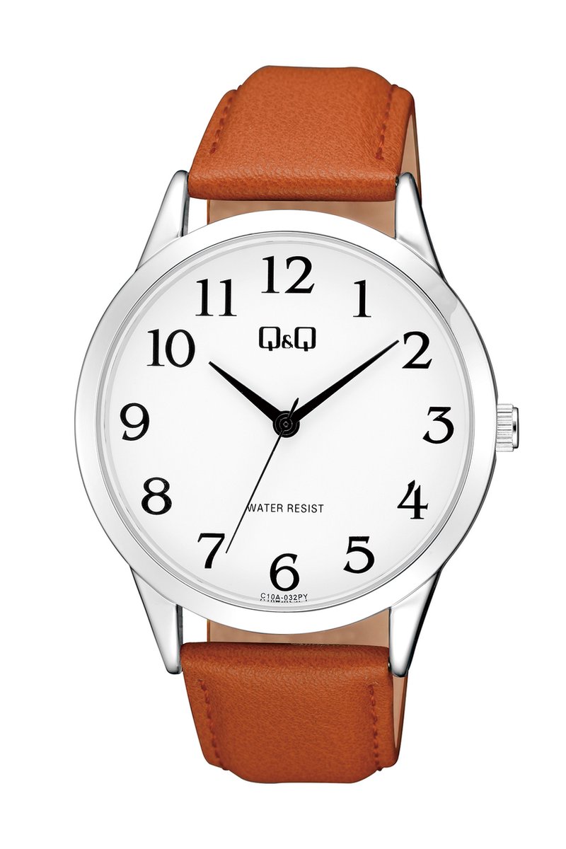 QQ C10A-032PY - Horloge - Analoog - Heren - Mannen - Leren band - Rond - Metaal - Cijfers - Bruin - Zilverkleurig - Wit - 3 ATM