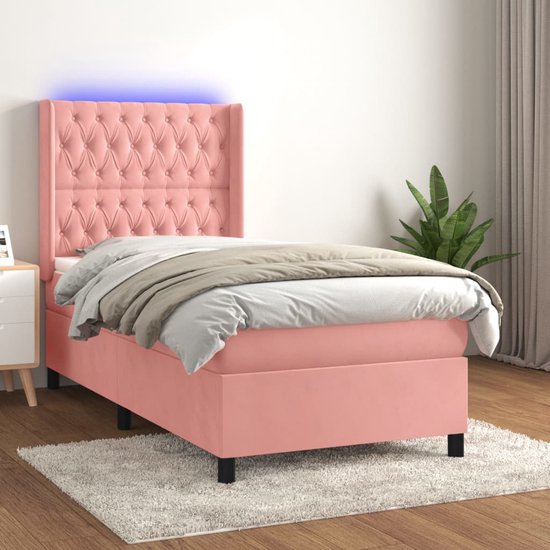 The Living Store Boxspring Bed - Fluweel - LED - Pocketvering - 100x200 cm - Roze