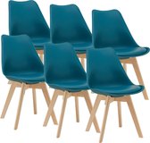 Eetkamerstoel Quintin - Set van 6 - Imitatieleer en Beuken - Turquoise - Gestoffeerde Zitting - Modern Design