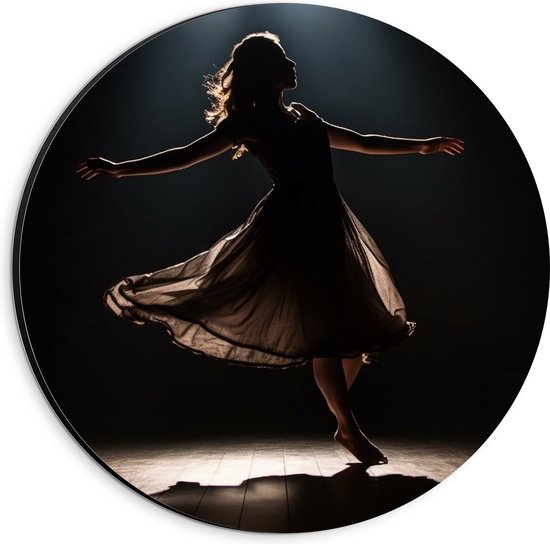 Dibond Muurcirkel - Silhouet van Dansende Ballerina op het Podium - 20x20 cm Foto op Aluminium Muurcirkel (met ophangsysteem)