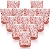 Glazen theelichthouder roze set van 12 kaarsglazen 5 x 6,8 cm theelichtglazen cadeaukaarshouder decoratie voor thuis, verjaardag, feest, bruiloft, feest, tafeldecoratie Kerstmis (roze)